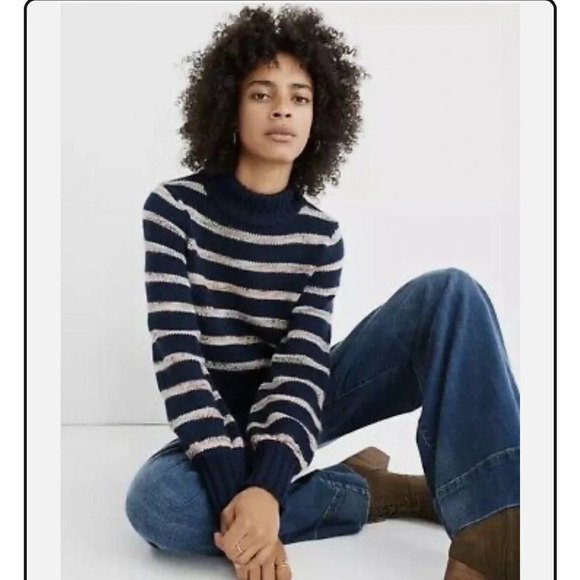Madewell Striped Metcalf Mockneck Sweater, Blue/ Tan Striped, Sz S - Picture 1 of 8